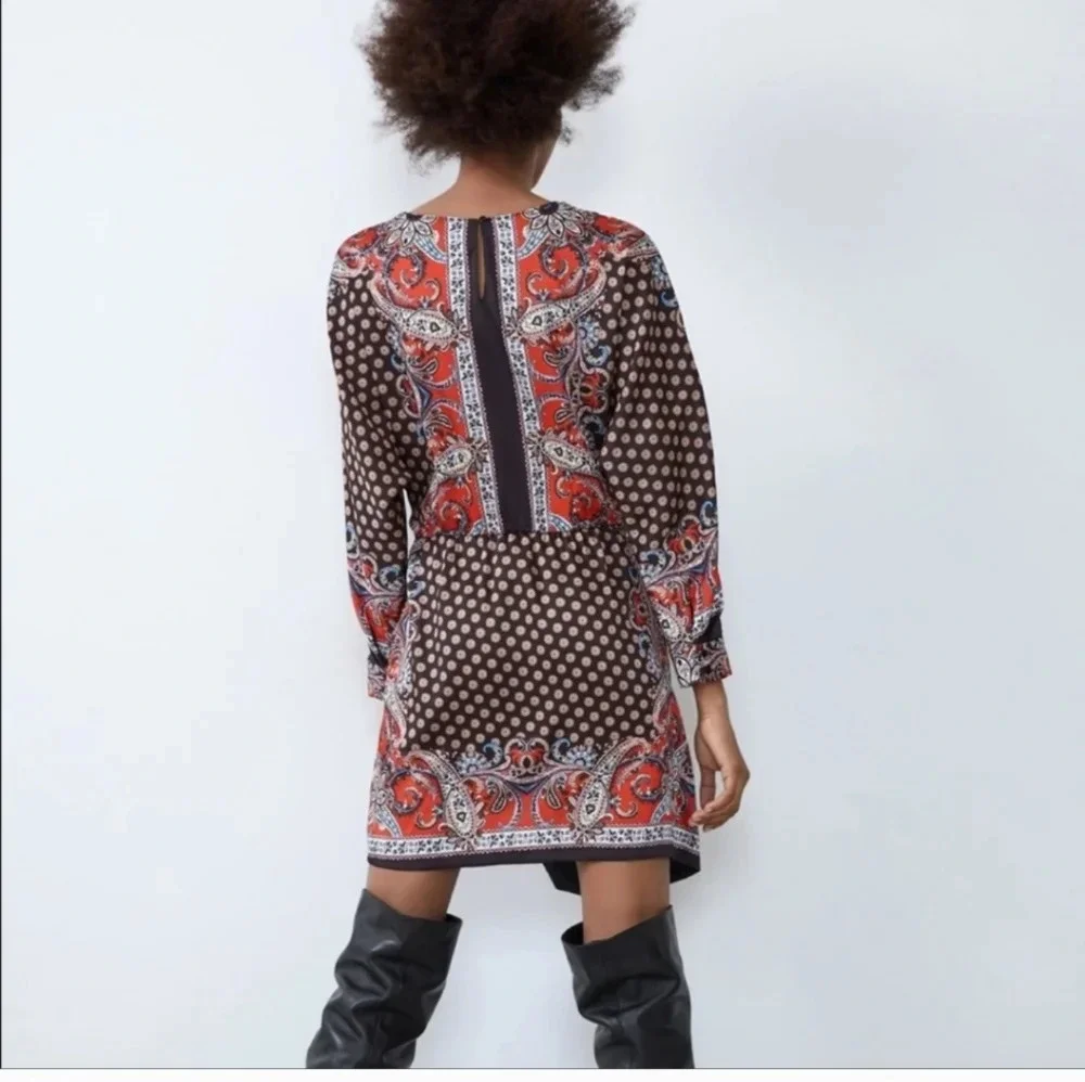 Zara Paisley Print Faux Wrap Mini Dress XS Boho Long Sleeve NWOT